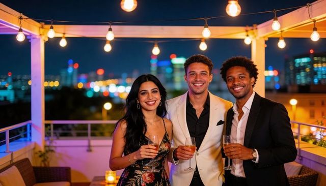 Elegant rooftop celebration toasting under string lights with city skyline at night