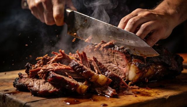 Chef slicing smoked brisket on wooden board with steaming juices and charred crust