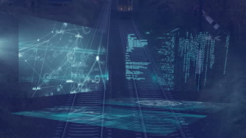 Futuristic Data Visualization Over Railroad Tracks