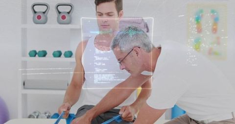 Therapist guiding patient with resistance band in rehab clinic with ar overlay
