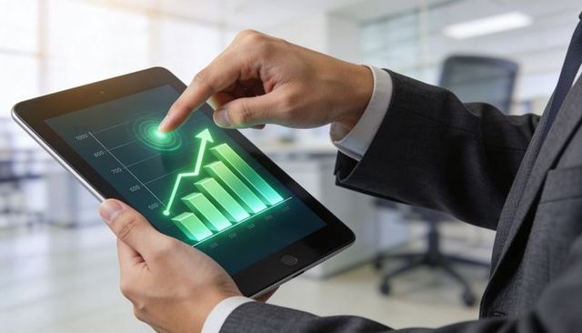 Touchscreen data interaction showing 3d green bar chart and upward trend on tablet