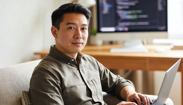 Developer typing on laptop in modern home office with code on monitor and focused look