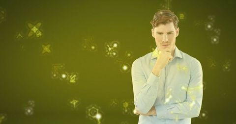 Businessman contemplating innovative ideas with digital symbols