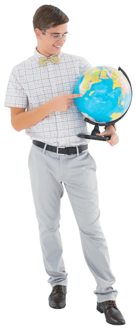 Transparent future explorer in checkered shirt with globe