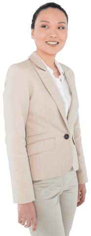 Asian Businesswoman Smiling in Beige Suit Transparent Background