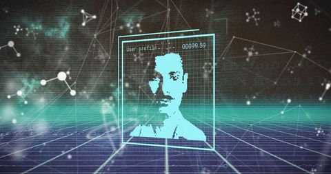 Holographic pixel avatar floating over neon grid synthwave cyberpunk user profile interface