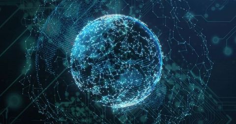 Pulsing Digital Network Globe Rotating in Cybernetic Space with Neon Nodes and Data Mesh