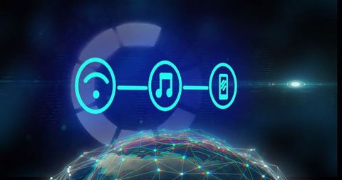 Digital interface with media icons and loading bar over globe background