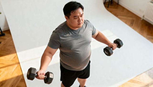 Asian man performing home dumbbell workout holding 5kg hex weights in studio