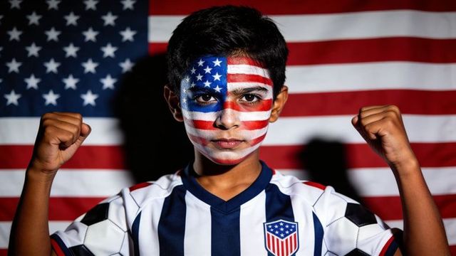 Young athlete with american flag face paint raising fists in patriotic soccer jersey