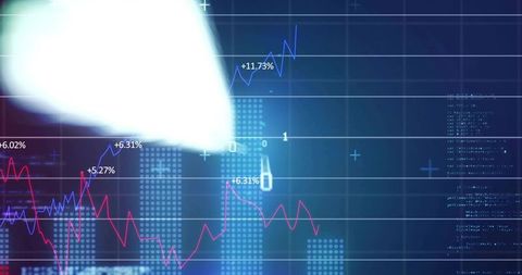 Digital market analytics dashboard showing red and blue trend lines with percent labels