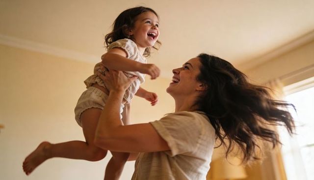 Mother lifting laughing toddler in sunlit neutral interior showing warm family connection