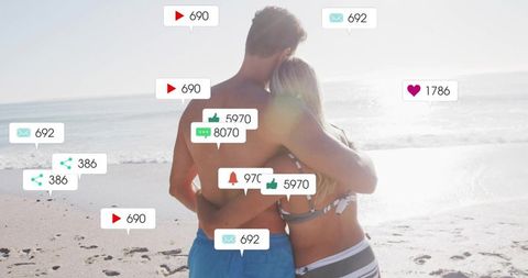Vacationing Couple Embracing Beach Love and Social Connections