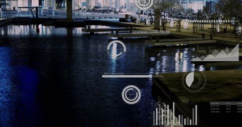 Futuristic Data Visualization Over Remote City Waterfront at Night