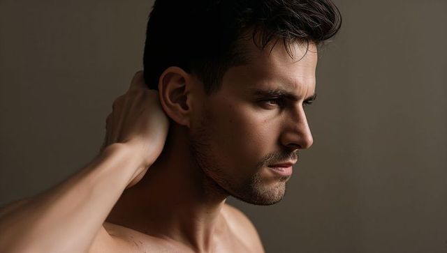 Brooding bare-chested male touching neck close-up portrait with dramatic rembrandt lighting