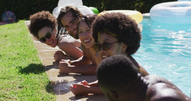 Happy Friends Enjoying Time at Outdoor Poolside on a Sunny Day - Download Free Stock Images Pikwizard.com