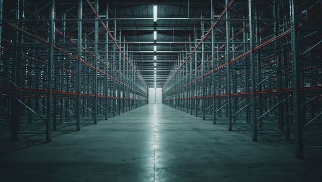 Wide warehouse interior with empty shelving racks