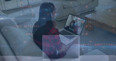 Woman on Video Call with Cybersecurity Alerts Overlay