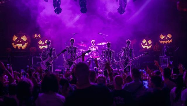 Skeleton band performing on stage with vibrant halloween decor