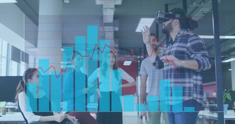 Innovative Presenter Wearing VR Headset Demonstrating Data in Modern Office