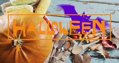 Festive Halloween Table with Vegetables and Rustic Charm