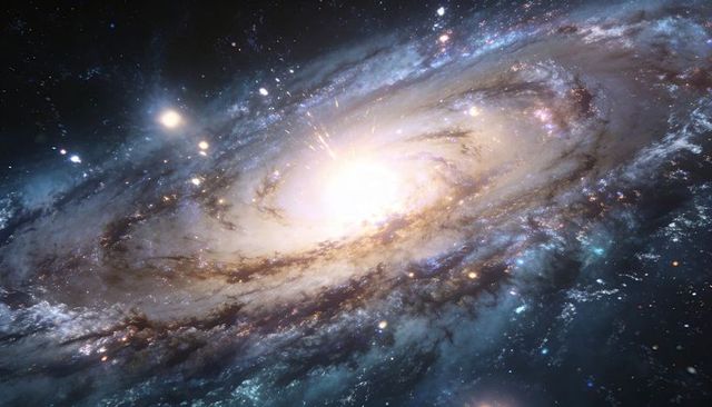 Spiral galaxy unveiling luminous core, winding dust lanes and blue star clusters