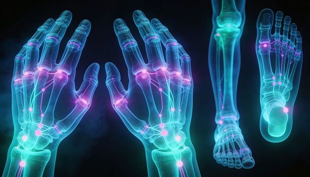 Neon skeletal hands and feet highlighting joints with glowing cyan and magenta nodes