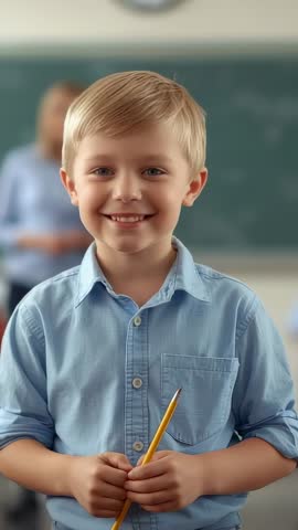 Elementary boy smiling and adjusting pencil grip in classroom vertical video