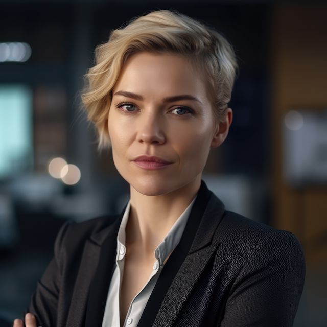 Portrait of caucasian businesswoman with blonde hair, created using generative ai technology. Portrait, facial expression and business concept digitally generated image.