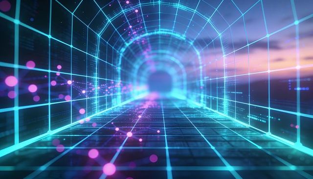 Neon grid tunnel into cyberspace corridor with glowing cyan grid and magenta orbs