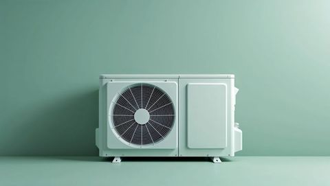 Modern external air conditioner unit on green background