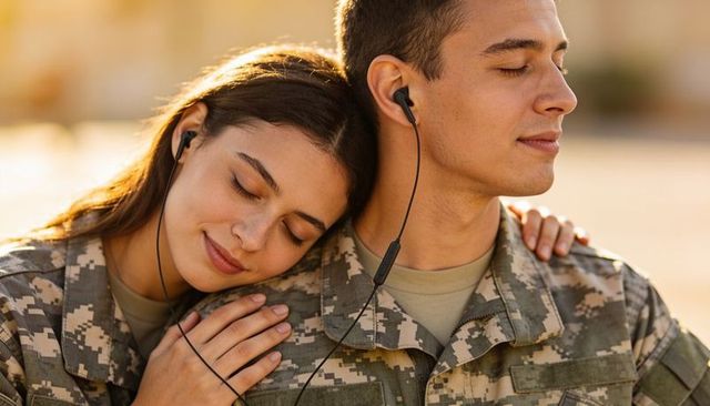 Young military couple sharing earbuds, resting on sunlit base during golden hour