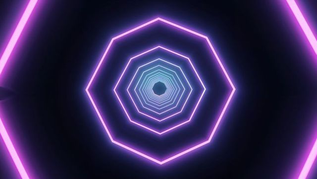 Futuristic Neon Polygonal Tunnel with Vibrant Purple and Cyan Hues
