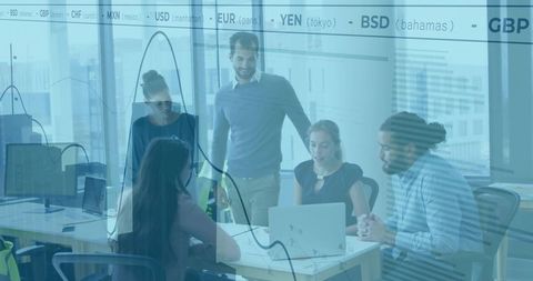 Business Team Analyzing Currency Data in Modern Office