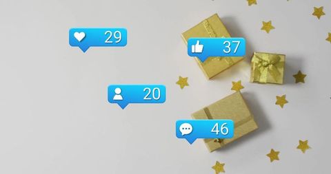 Social Media Interactions with Gold Gift Boxes and Confetti