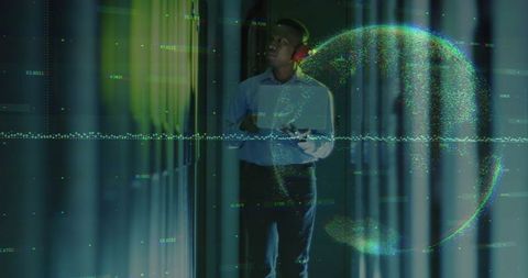 Tech Professional Analyzing Data with Holographic Globe in Server Room
