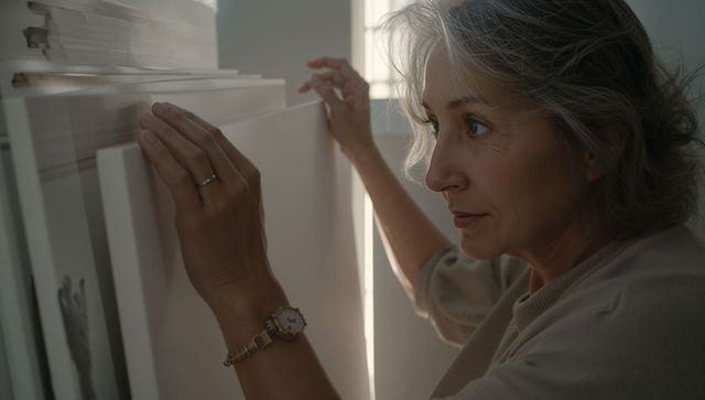 Mature woman arranging canvases by studio window, adjusting artwork with focused care