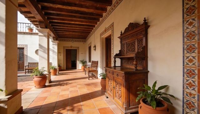 Sunlit colonial courtyard portico with ornate carved wooden sideboard and terracotta tiles