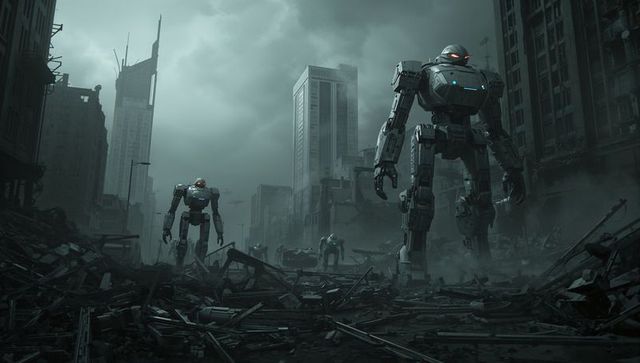 Giant armored robots in ruined cityscape