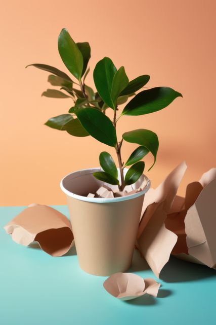 Plant in paper cup and paper on blue and orange background, created using generative ai technology. Recycling, environment and climate change awareness concept digitally generated image.