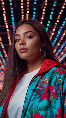 Vertical fashion video: model blinking and tilting under pulsing LED grid in neon corridor