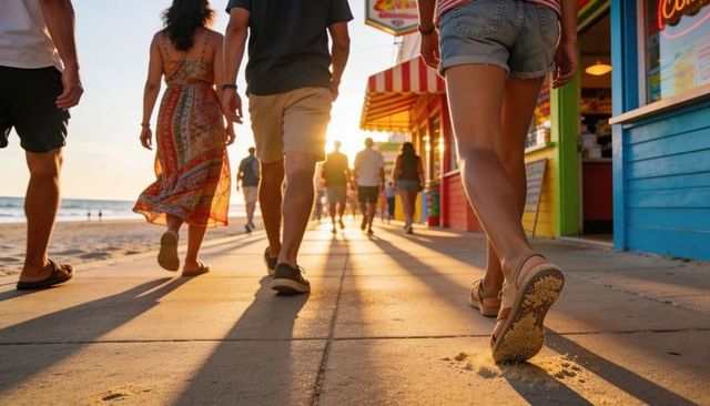 Walking along sunset boardwalk with sandy sandals and colorful seaside storefronts