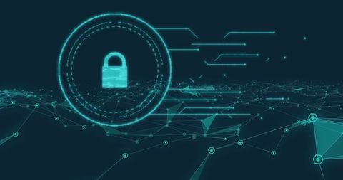 Futuristic digital padlock with network connections for cybersecurity