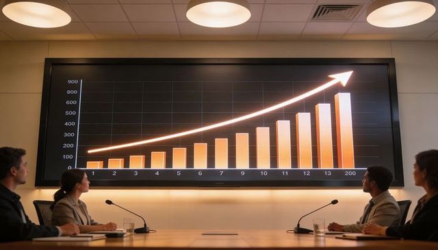 Business team watching upward growth chart on wall screen during analytics presentation