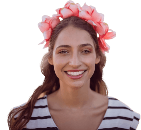Smiling woman wearing pink flower crown on white background transparent