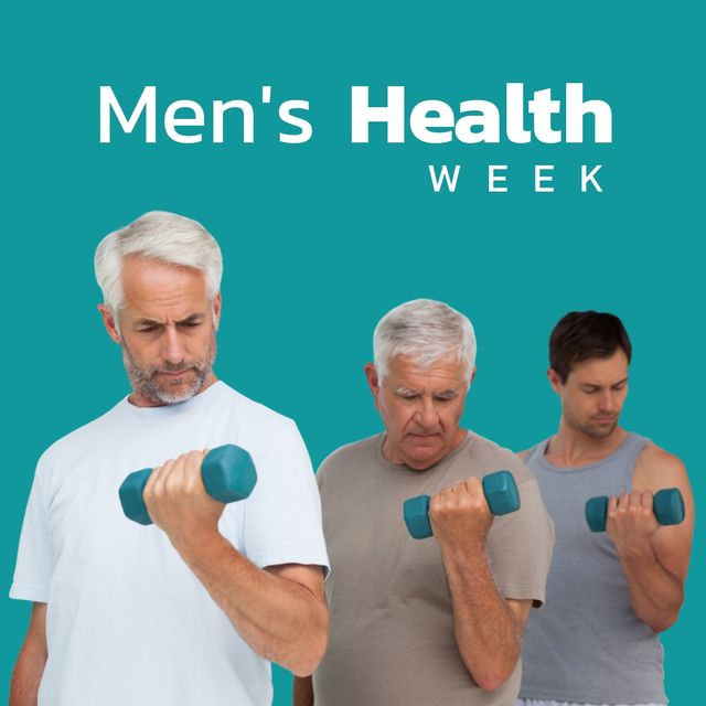 Men's health week text on caucasian men exercising with dumbbells against blue background. digital composite, healthy lifestyle and awareness concept.