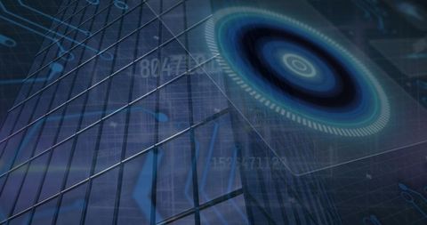 Futuristic Hologram Disk Near Mirrored Skyscraper Facade