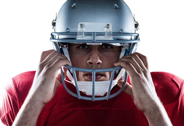 Close-Up Portrait of Focused American Football Player in Helmet Holding Facemask Transparent - Download Free Stock Videos Pikwizard.com