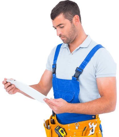 transparent male carpenter holding clipboard wearing blue overalls - Download Free Stock Videos Pikwizard.com