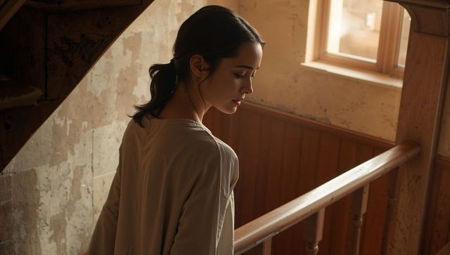 Contemplative asian woman standing on vintage wooden stair landing in soft natural light